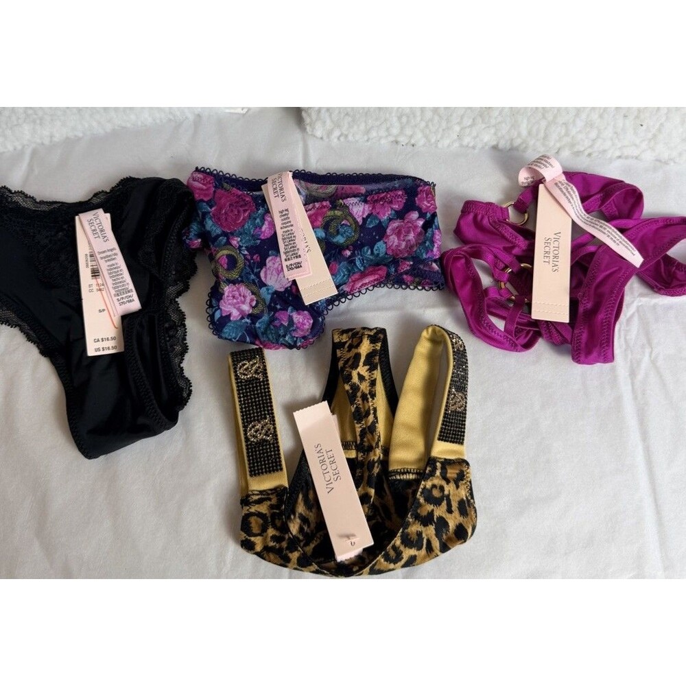 Victoria’s Secret Panties Lot of 4 NWT XS/S Lace Floral Leopard Strappy Lingerie